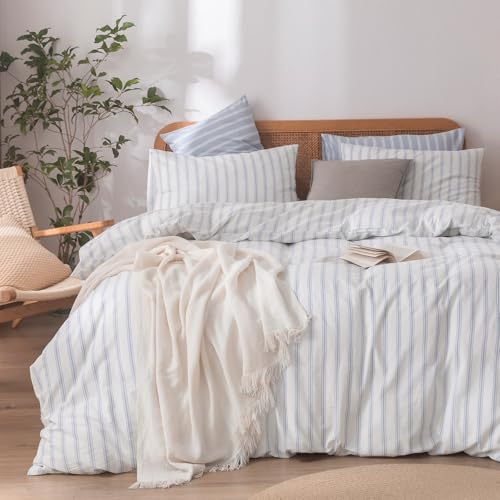 BESTOUCH Cotton Striped Duvet Cover Set White Cornflower Blue Queen - 100% Washed Cotton, Soft Wrinkle Texture, Hidden Zipper, 8 Ties, Breathable Lightweight Durable Comfy, 3 Pcs No Insert