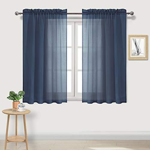 DWCN Navy Blue Sheer Curtains Semi Transparent Voile Rod Pocket Curtains for Bedroom and Living Room, 52 x 54 inches Long, Set of 2 Panels