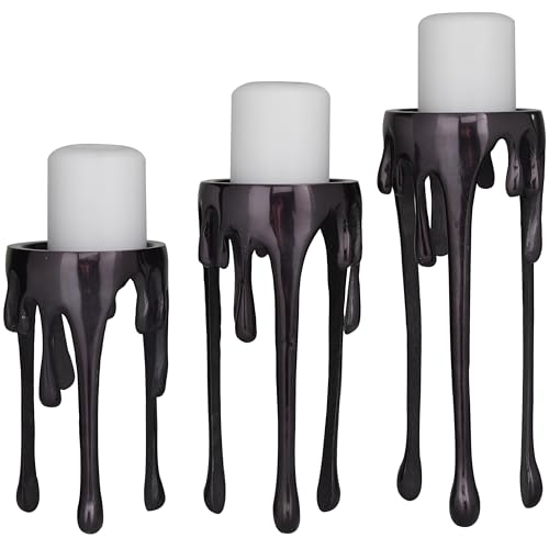 "Deco 79 Aluminum With Tripod Legs Candle Holder with Dripping Melting Designed Legs, Set of 3 12"", 10"", 8""H, Black"