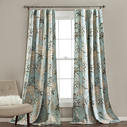 "Lush Decor Botanical Garden Curtains Floral Bird Print Room Darkening Window Panel Drapes Set for Living, Dining, Bedroom (Pair), Blue, 52"" W x 84L"