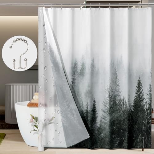 ORTIGIA 3 in 1 Long Shower Curtain and Clear PEVA Liner Set 72x84 inch with 12 Double Sided Metal Shower Curtain Hooks, Black Misty Forest Tree Fabric Shower Curtain for Bathroom