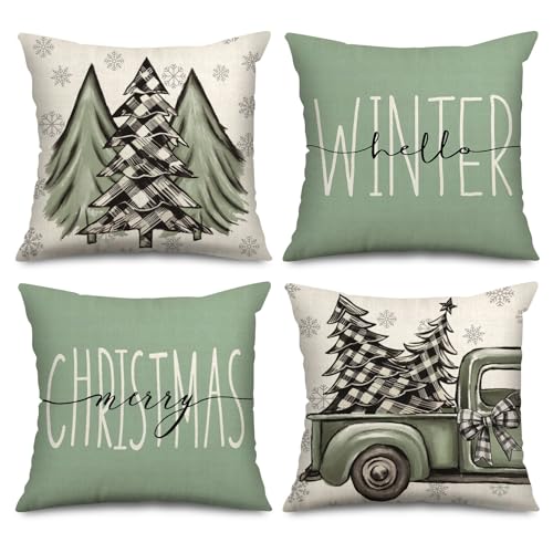 AnyDesign Christmas Throw Pillow Covers Sage Green Christmas Tree Truck Pillow Case Xmas Winter Farmhouse Decorative Cushion Case for Home Office Room Couch Sofa, 18 x 18 Inch, 4 Packs