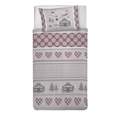 PENSIERI DELICATI Single Duvet Cover Set, 100% Cotton, Complete with 1550 x 200 cm Bag and 1 Pillowcase 52 x 82 cm, Made in Italy, Duvet Cover Machine Washable At 40 Degrees, Red Chalet Design