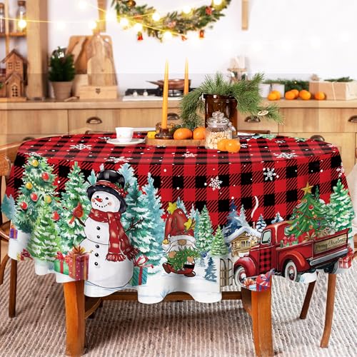 Red Truck Christmas Tablecloth, 70 Inch Round, Snowman Decor, Merry Christmas Gnome Plaid Polyester Tablecloth for Picnic Party Dinner