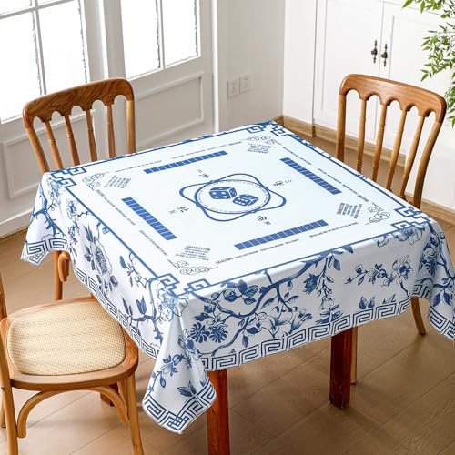 Oudain Chinoiserie Mahjong Tablecloth Florals Card Table Cloth 55x 55 Inch Square Tablecloth Game Table Cover with Game Rules for Mahjong Beginners, Card, Board Tile Games(Blue and White)