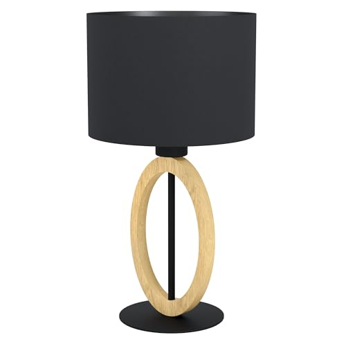 Eglo Bedside lamp Basildon 1, Minimalist Table Light Made of Natural Wood, Black Fabric and Metal, Living Room Lighting with Switch, E27 Socket
