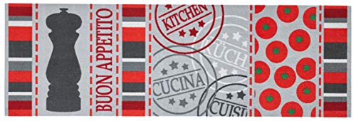 Zala Living Cook & Clean Runner - Non-Slip Rug Runner Flat Weave Short Pile Rug Kitchen Rug Washable Kitchen Runner Buon Appetito for Hallway, Kitchen, Living Room - Grey Red, 50 x 150 cm