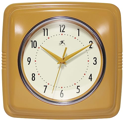 Infinity Instruments Retro Square Wall Clock - 9.25 Inch Saffron Silent Non-Ticking Mid Century Modern - Kitchen Office Diner Wall Clock - Vintage Decorative