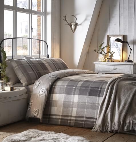 Dreams & Drapes Colville Check-100 Percent Brushed Duvet Cover Set, 100 Percent Cotton, Grey, Super King