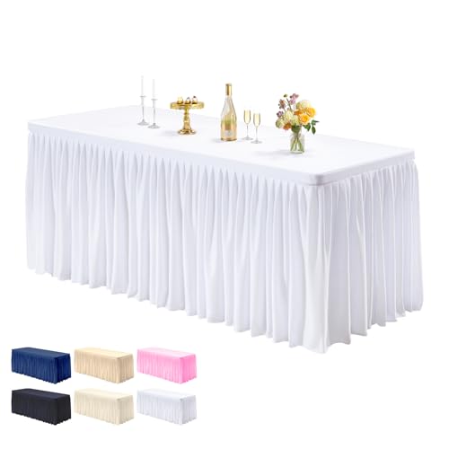 PARTISKY 1 Pack White Tablecloths for Rectangle Tables 8ft, Wrinkle Resistant White Table Cover Fitted Stretch Table Cloth with Pleated Ruffle Skirts for Party Banquet Dining Birthday Wedding