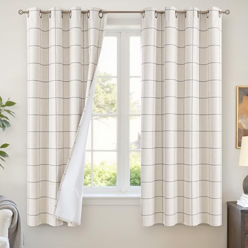 Lajode Plaid Curtains 63 Inch Long - Boho Linen Blackout Curtains for Living Room, Gingham Printed Drapes for Bedroom Window Stripe Patterned Thermal Total Black Out 52x63 Inch 2 Panels, Dark Grey