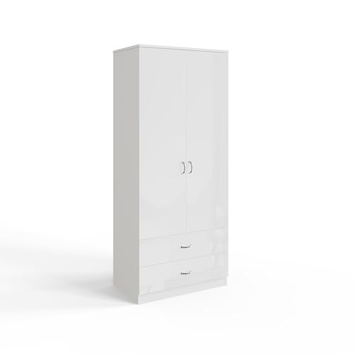 FWStyle 2 Door 2 Drawer Combination White Wardrobe High Gloss Modern Bedroom Furniture & Storage