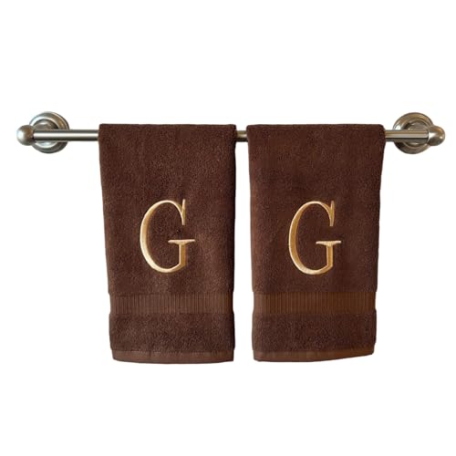 Brown with Beige Monogrammed Hand Towels for Bathroom - Set of 2 Letter G - Luxury Hotel Quality Initial Towels For Powder Room, Spa, GOTS Organic Certified