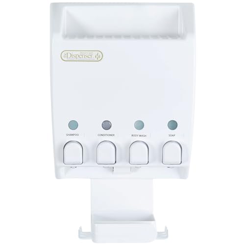 Better Living Products 75453 Ulti-Mate 4 White Dispenser with Shower Caddy - Wall Mount 4 Chambers Shower Dispenser for Bathroom Shelf Integrated Hooks & Soap Dish No Drilling Required