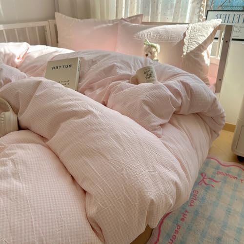 VM VOUGEMARKET Pink Grid Duvet Cover Set Queen 3 Pieces Lace Bedding Set Simple Cozy Plaid Checkered Comforter Cover with Zipper Ties for Teen Girls