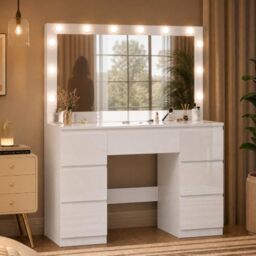 JUMMICO Dressing Table with LED Mirror, 120cm High Gloss Vanity Desk - Modern Makeup Desk for Bedroom with 7 Drawers, Hidden Jewelry Storage Space, Light Adjustable Vanity for Dressing Room,White