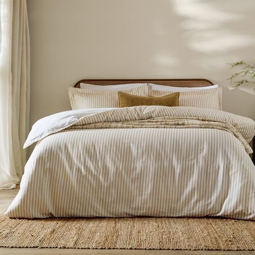furn. Yard Hebden 100% Cotton Stripe Duvet Cover Set – Reversible Striped Bedding (Honey Yellow, Super King)