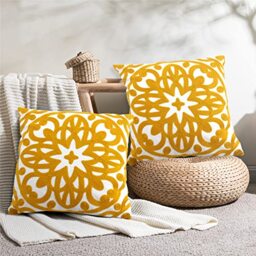"Alysheer Embroidered Decorative Throw Pillow Covers 18""x18"" Set of 2 Pieces, Cozy Boho Mandala Knit Pattern, Durable 100% Cotton Canvas，Mustard Yellow Cushion Cases for Sofa Couch Living Room (Gold)"