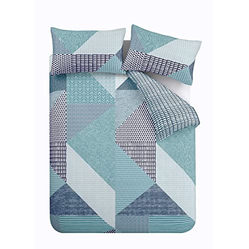 Catherine Lansfield Larsson Geo Reversible Double Duvet Cover Set with Pillowcases, Teal Green, Double