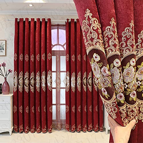 Amidoudou 1 Pair European Luxury Jacquard Hollow Curtains Embroidered Chenille Curtains for Living Room Bedroom (Red,51x96 Inch)