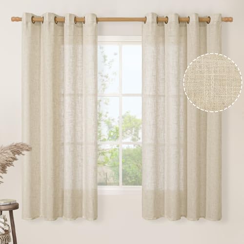 LAMIT Light Filtering 63 inch Length Sheer Curtains, Soft Semi Sheer Linen Textured Bronze Grommet Neutral Boho Drapes for Living Room/Bedroom, 2 Panels Set, 52 x 63 Inch, Linen