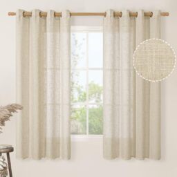 LAMIT Light Filtering 63 inch Length Sheer Curtains, Soft Semi Sheer Linen Textured Bronze Grommet Neutral Boho Drapes for Living Room/Bedroom, 2 Panels Set, 52 x 63 Inch, Linen