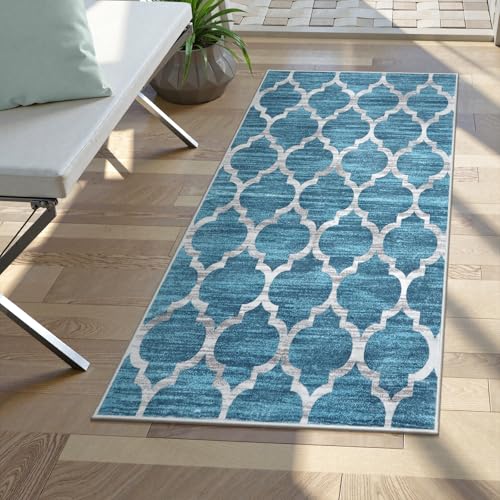 Lahome Moroccan Area Rug - 2’x4’ Runner Rug Washable Small Rug Non-Slip Accent Distressed Throw Rugs Floor Carpet for Hallway Entryway Bedroom Laundry Room Rug (2’ X 4’, Blue)