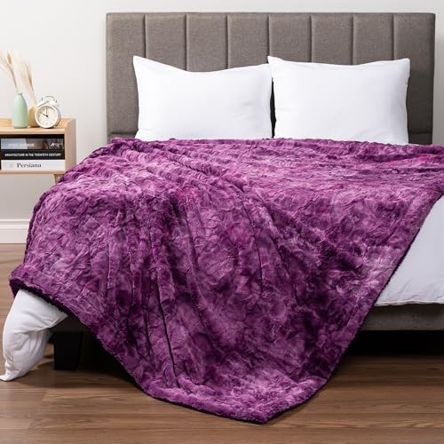 Pavilia Faux Fur Queen Bed Blanket - Tie-Dye Purple, Soft Fuzzy Warm Sherpa, Reversible Furry Shaggy Large Blanket, 90x90