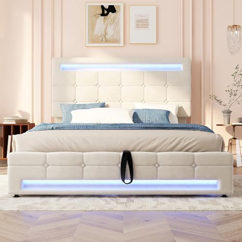Ball & Cast Double Ottoman Bed Frame 135×190 cm with Charging Station & LED Lights, Upholstered Platform Bed frame with Under-bed Storage and Storage Headboard, No Box Spring Needed,Beige,Velvet