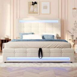 Ball & Cast Double Ottoman Bed Frame 135×190 cm with Charging Station & LED Lights, Upholstered Platform Bed frame with Under-bed Storage and Storage Headboard, No Box Spring Needed,Beige,Velvet