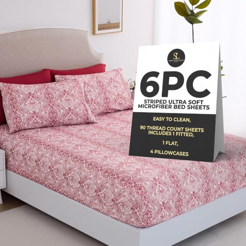 Spirit Linen Home 6-Piece Soft Cozy Bed Sheet Set - Full, Burgundy Paisley - Deep Pocket Soft and Breathable Microfiber Material Bed Sheets with 1 Fitted Sheet, 1 Flat Sheet, and 4 Pillowcases included