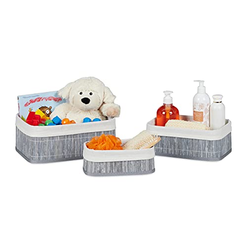 Relaxdays Storage Basket Set of 3, Fabric Lining, Bamboo, Rectangular, Bathroom Accessories, Toys, Grey