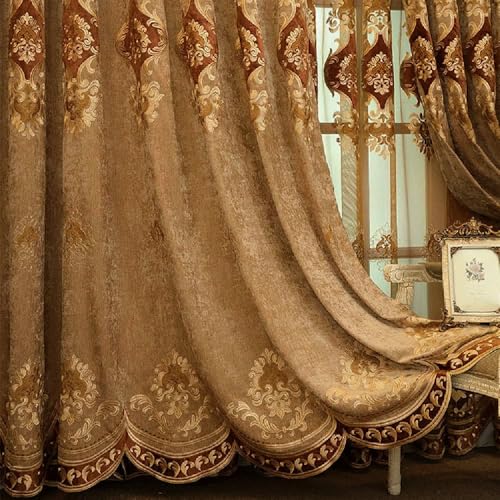 Amidoudou European Luxury Embroidered Curtains for Living Room Bedroom Chenille Curtains (2 Panels, 37 x 84 inches, Coffee)