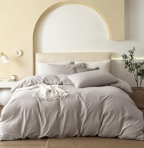 JIYUAN 100% Washed Cotton Duvet Cover Set Comfy Simple Style Soft Breathable Textured Durable Linen Feel Bedding for All Seasons King Size,Solid Linen