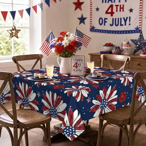 Horaldaily 4th of July Tablecloth 60??60 Inch Square, Patriotic Memorial Day Red and Blue Print Flowers Independence Day Washable Table Cover for Party Picnic Dinner Decor