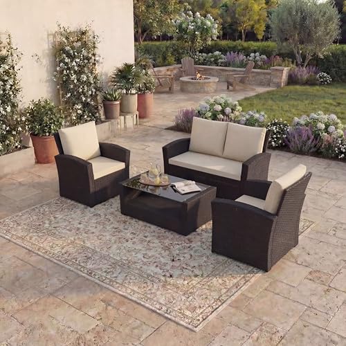 Garden Vida Mylor 4 Seater Rattan Set With Cover - Brown - Outdoor Patio Furniture Conservatory Sofa Set - Weather Resistant, Tempered Glass Table, With Cushions, Chairs and Cover