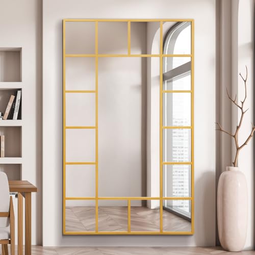 "MirrorOutlet The Fenestra - Gold Modern Modern Leaner and Wall Mirror 71"" X 43"" (180CM X 110CM) Silver Mirror Glass with Black Metal Frame. Landscape or Portrait."
