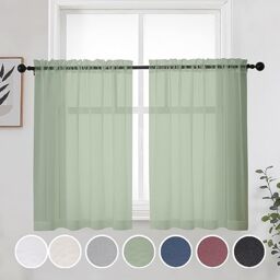 OWENIE Sage Green Sheer Curtains 36 Inches 2 Panels Set - Kitchen Tiers Valances Curtains Light Filter Rod Pocket Voile Cafe Curtains for Kitchen Bathroom Small Half Window, 42 in W x 36 in L