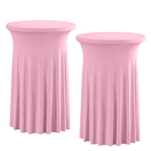 Rakila 2 Pack Round 43 x 32 Inch Spandex Cocktail Tablecloth with Wavy Skirt Pink Fitted Stretch Table Cover for Bar Wedding Party