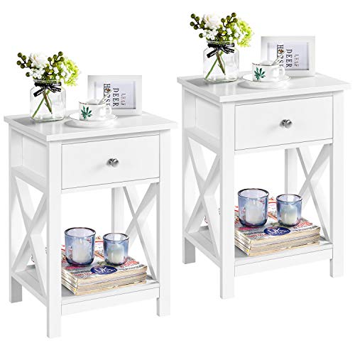 Yaheetech 2pcs Bedside Table, Wooden X Shaped Nightstand Cabinet with Storage Drawer, Sofa Side Table with Open Shelf for Living Room/Bedroom/Small Space, 30 x 40 x 55 cm, White