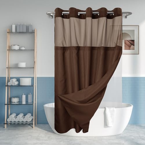 "No Hook Slub Textured Shower Curtain with Snap-in PEVA Liner Set - 71"" x 74""(72""), Hotel Style with See Through Top Window, Machine Washable & Water Repellent, Chocolate Brown, 71x74"