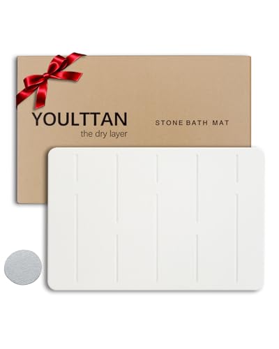"YOULTTAN Stone Bath Mat 24""x16"" - Diatomaceous Earth Shower Mat, Quick Dry, Anti-Slip, Modern Design with Bonus Non-Slip Pad - Perfect for Home Safety and Style,White,Straight"