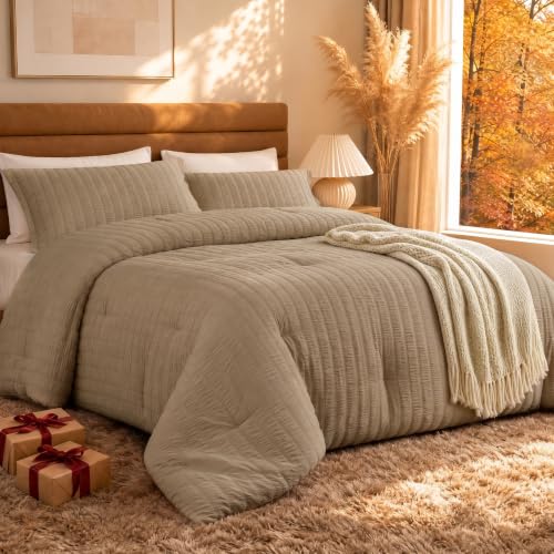 Quataly Brown Full Comforter Set - 3 Pieces Seersucker Lightweight Bedding Comforter Sets (1 Soft Fluffy Comforter & 2 Pillowcases) - All Seasons Cozy Modern Bed Sets