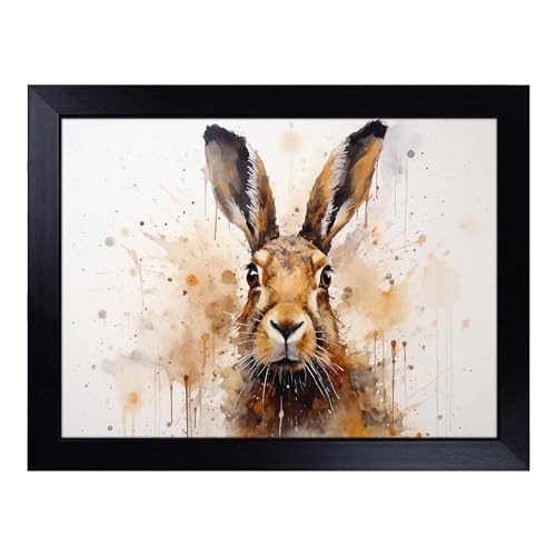 Lap Tray with Bean Bag Cushion, Hare Watercolour - Handmade in the UK, Raised Wooden Edge, Padded Cushion, Heat-Resistant Wipe-Clean Surface, for Meals, Laptops and Crafts