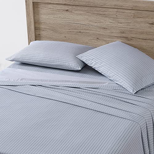 Eddie Bauer Home Sheets Cotton Percale Bedding Set, Crisp & Cool, Stylish Home Decor, King, Ticking Stripe Blue/White
