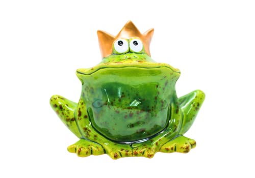 Dekohelden24 Funny Golden Crown Frog King Green Ceramic Frog Home Garden Patio Pond Decoration Length 9 x Width 16 x Height 12 cm