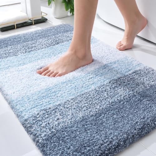 OLANLY Luxury Bathroom Rug Mat 24x16, Extra Soft and Absorbent Polyester Bath Rugs, Non-Slip Plush Shaggy Bath Carpet, Machine Wash Dry, Bath Mats for Bathroom Floor, Tub and Shower, Blue