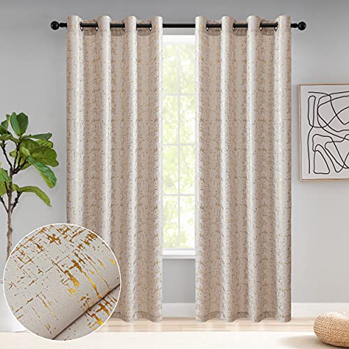"Taisier Home Gold Foil Print Linen Textured Curtains - Geometric Dots Pattern Design for Bedroom & Living Room - Thermal Insulated Window Treatment, 2 Panels, 108"" L, Beige and Gold"