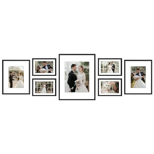 Golden State Art, Picture Frame Set 7 Pack, Gallery Wall Frame with One 11x14, Two 8x10, and Four 5x7. Aluminum Photos Frame for Wall or Tabletop Display (Style 1, Black, 7 Pack)