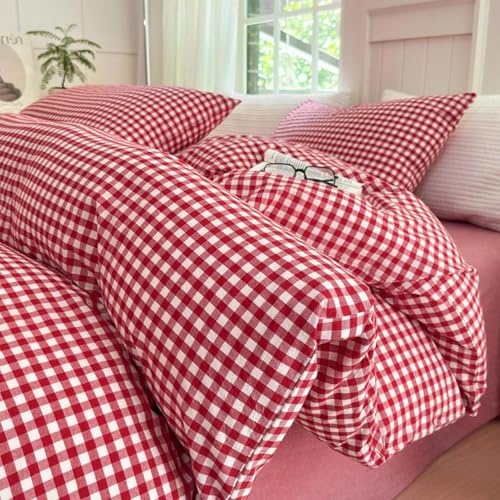 LifeTB Red Gingham Comforter Set Twin XL Modern Style Red Plaid Comforter Set 3 Pieces Soft Fluffy Grid Checkered Pattern Comforter with 2 Pillowcases Farmhouse Gingham Bedding Set Breathable